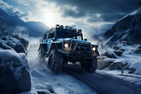 蓝色吉普车飞跃雪山的越野吉普车设计图片