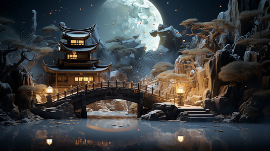 夜晚水上的拱桥背景图片