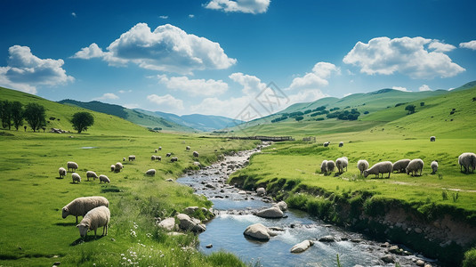石头小溪广阔草地上的羊群背景