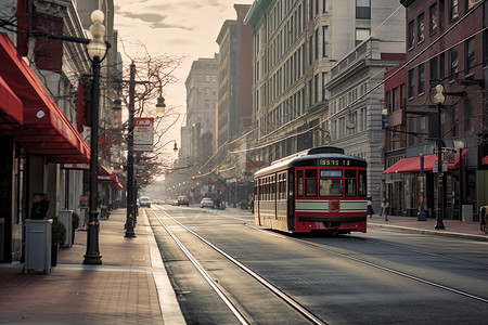电车穿梭的商业城市街道图片