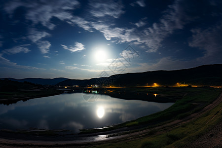 月光下的山间湖泊景观图片