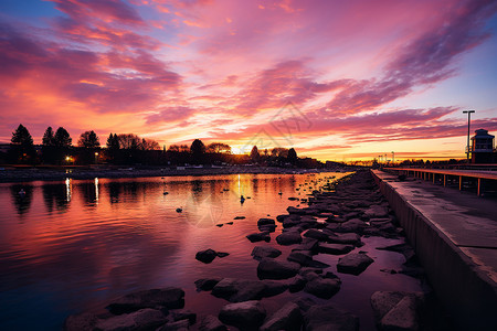 日落湖泊的美丽景观图片