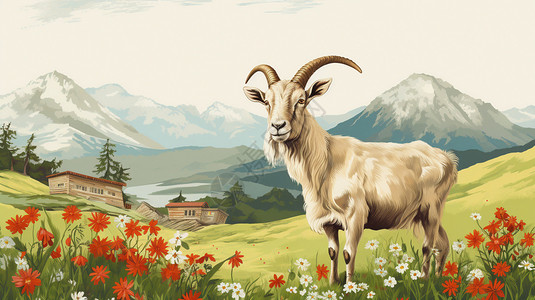 花丛里的卡通山羊背景图片