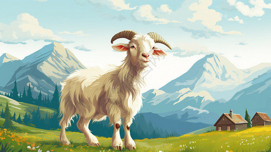 空旷草地上的山羊插画