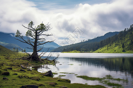 孤草孤树湖畔的美丽景观背景