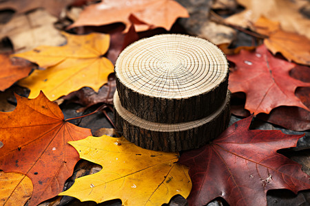 木柱秋叶缤纷木纹交织的景观背景