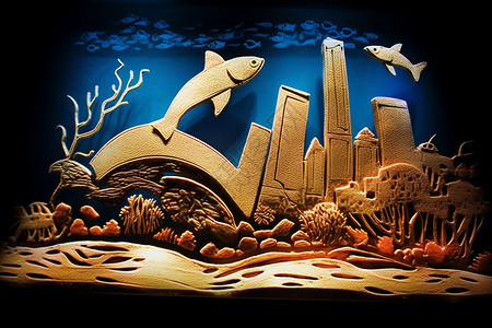 沙雕建筑创意艺术的海洋沙画插画