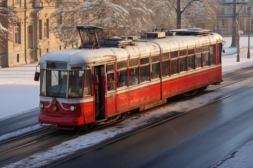 冬季城市街头的红色电车图片