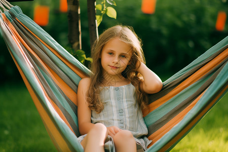 夏季户外草地吊床上的小女孩图片