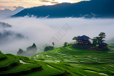 迷雾乡村迷雾缭绕的梯田背景