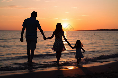 海浪端午节快乐夕阳海边的一家人背景