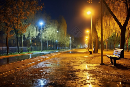 夜晚雨后公园的景观图片