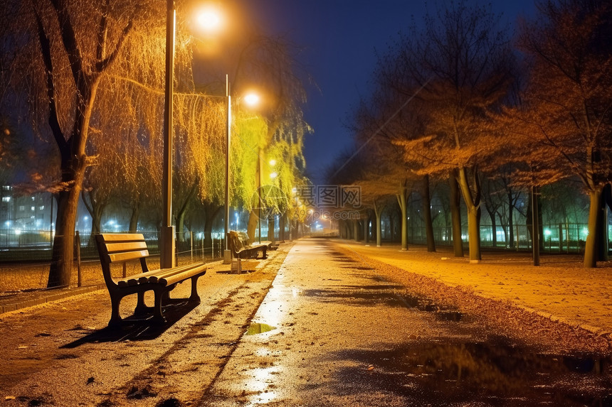 秋季夜晚雨后公园的景观图片