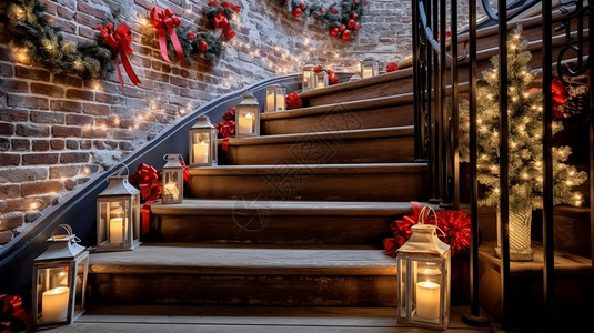 室内家居楼梯的圣诞节装饰背景图片