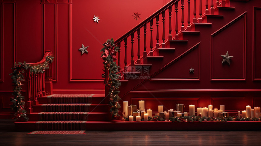 家居楼梯的圣诞节装饰图片