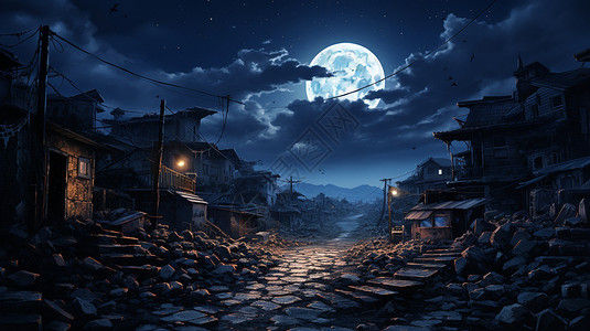 石月亮夜晚的村庄石头路插画