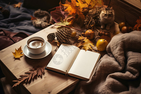 木桌上的书籍和咖啡图片