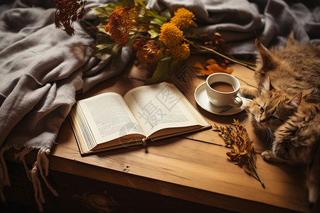书籍和猫素材桌子上的书本和咖啡背景