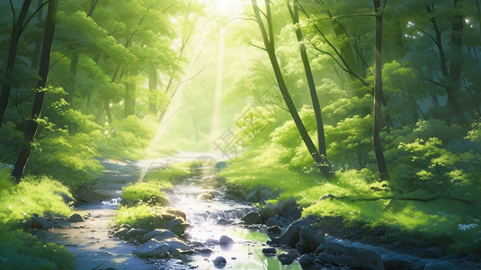 小溪插画森林中的河流插画背景
