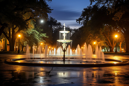 夜晚公园中的灯光喷泉背景图片