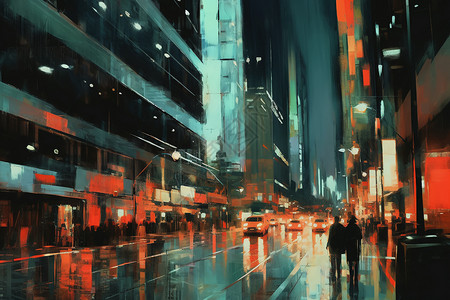 城市的夜景油画图片