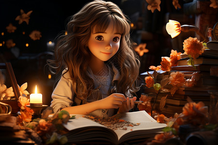 阅读书本的小女孩图片