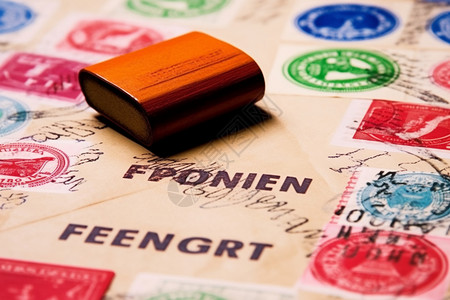 邮票印章桌子上的橡胶钢印背景