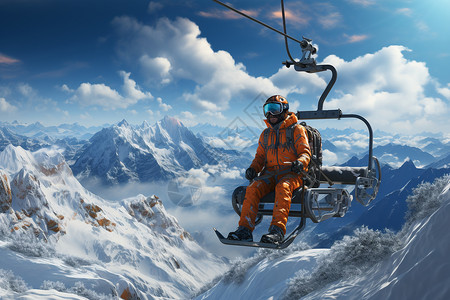 雪山中乘坐缆车的滑雪者图片