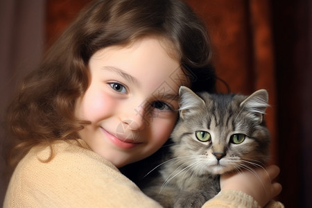 蹲着猫咪抱着宠物小猫的女孩背景