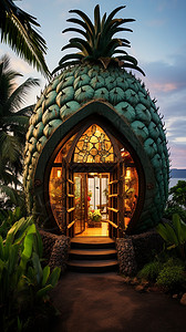 屋门口明亮精致的菠萝屋插画