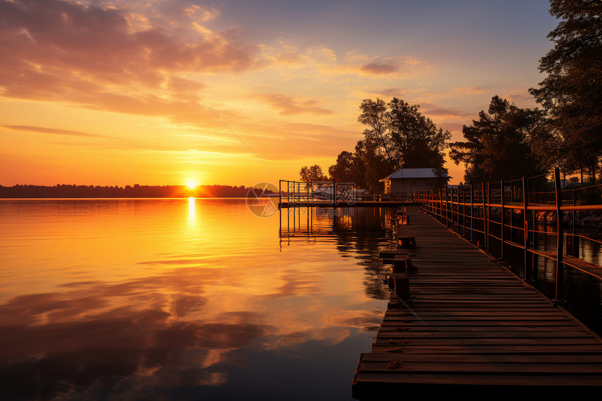 夕阳映照着湖畔图片