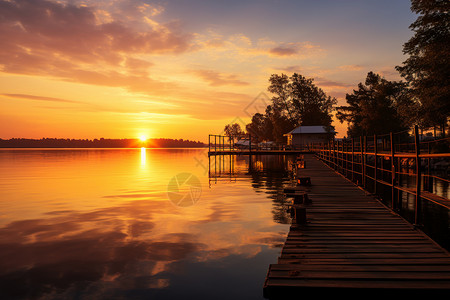 夕阳映照着湖畔图片