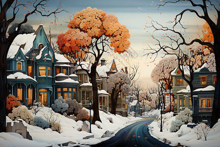 小镇的雪景绘画图片