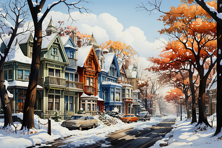 卡通雪中小镇插图背景图片