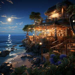 夜晚的海滨餐厅图片