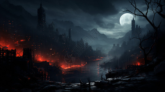 夜晚的虚幻城市背景图片