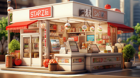 商品模型街道上的食品商店插画