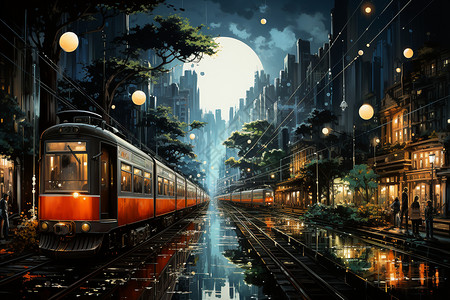 城市内透科幻城市内的火车插画