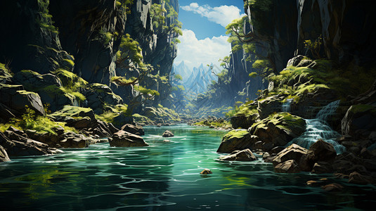 山脉中的河流插画图片