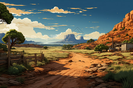 牧场公路牧场的美丽风景插画