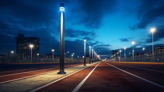 田径赛道夜晚田径路旁的路灯背景