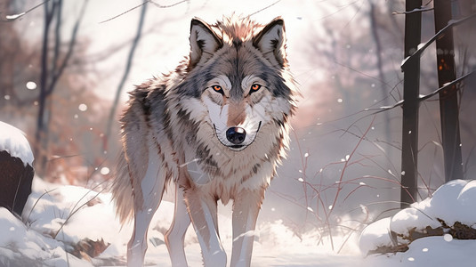 野生狼站在雪地中的狼插画