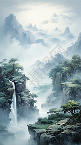 山脉中的瀑布插画图片