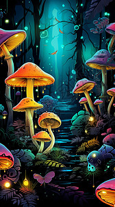 森林中的魔幻蘑菇背景图片