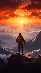 在山顶看夕阳的登山者背景图片