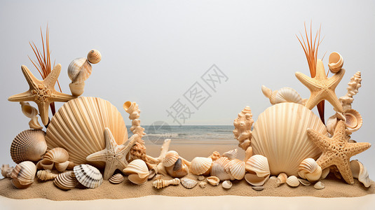 沙雕ps素材海滩上的海星贝壳背景