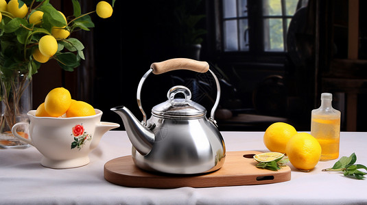 桌子上的茶壶木板上的水果和茶壶背景