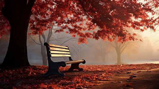 秋天公园里的长椅公园里落下的枫叶插画