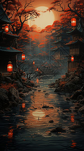 日本历史房屋前的河流插画