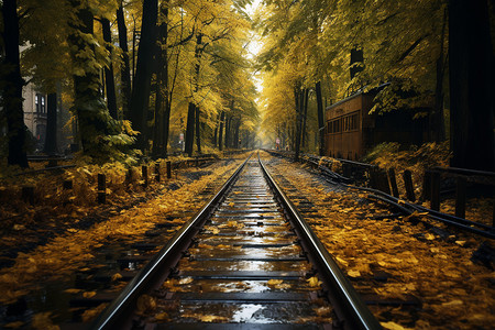 秋季铁路上的落叶图片